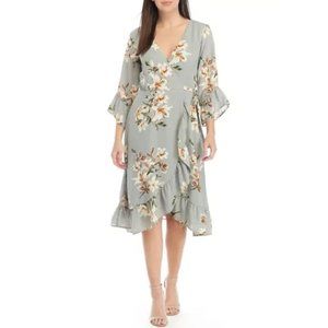 June & Hudson Gray/Sage Green Midi Floral Wrap Dress with Ruffles